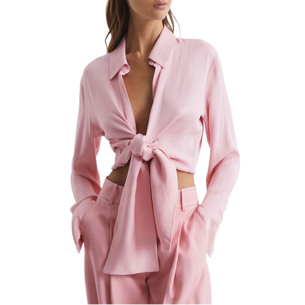 REISS Gabby Tie-Front Pink Collar Long Sleeve Shirt Sz 2 $230